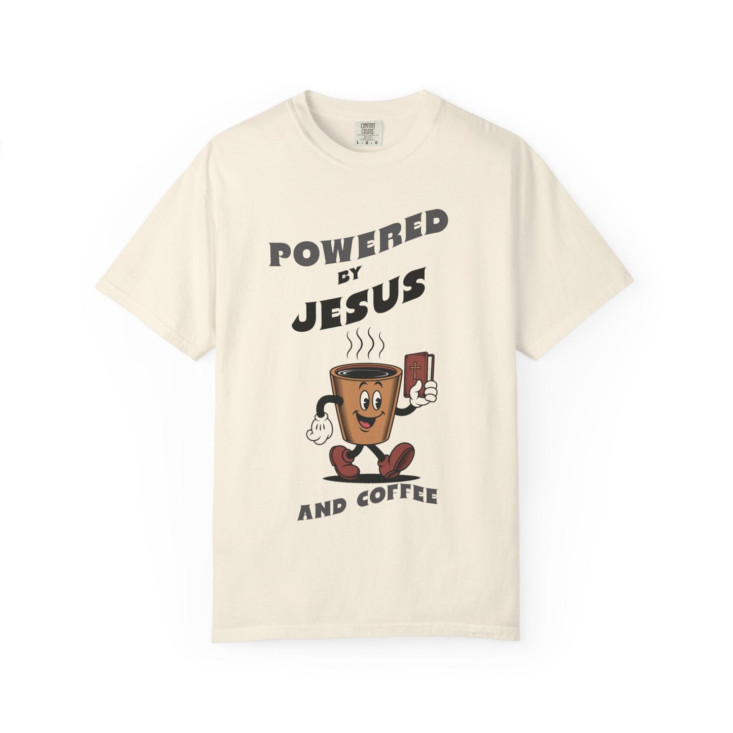 Powered by Jesus Coffee T-Shirt, Funny Christian Tee, Unisex Garment-Dyed Shirt, Coffee Lover Gift, Faith Apparel