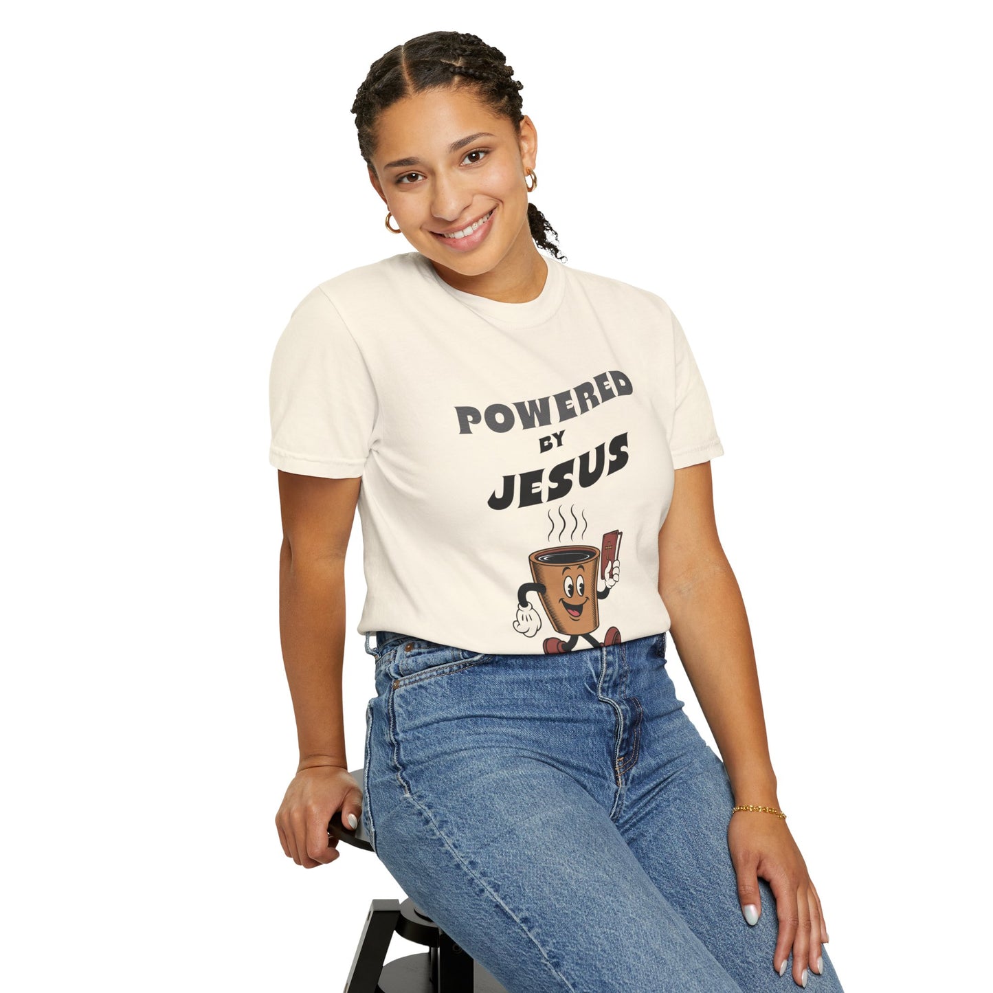 Powered by Jesus Coffee T-Shirt, Funny Christian Tee, Unisex Garment-Dyed Shirt, Coffee Lover Gift, Faith Apparel
