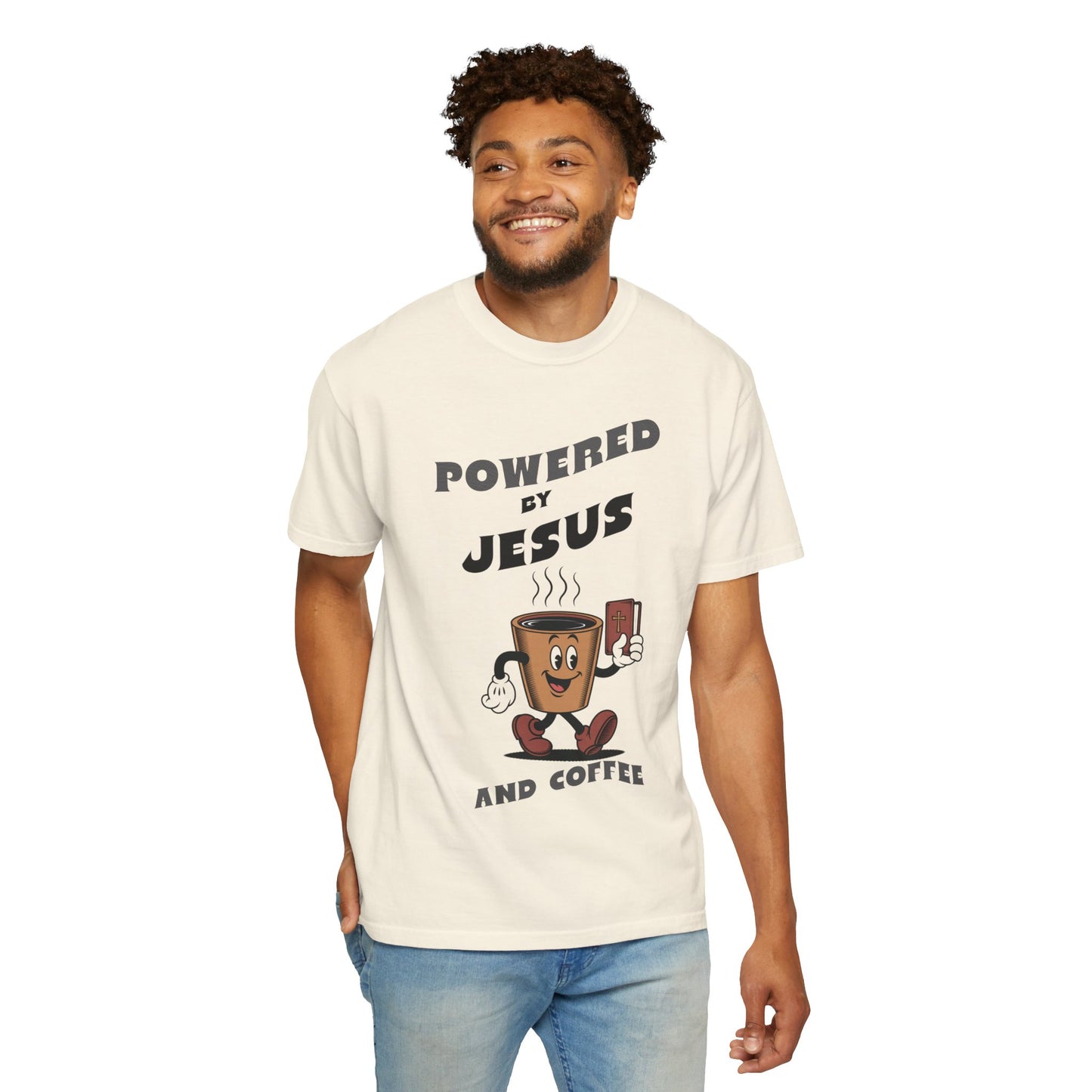 Powered by Jesus Coffee T-Shirt, Funny Christian Tee, Unisex Garment-Dyed Shirt, Coffee Lover Gift, Faith Apparel