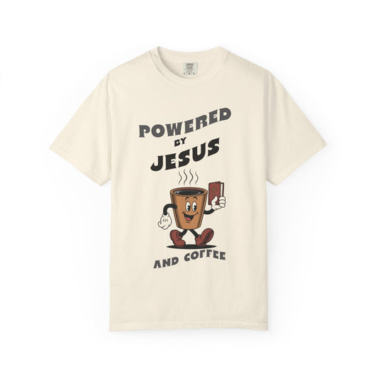 Powered by Jesus Coffee T-Shirt, Funny Christian Tee, Unisex Garment-Dyed Shirt, Coffee Lover Gift, Faith Apparel